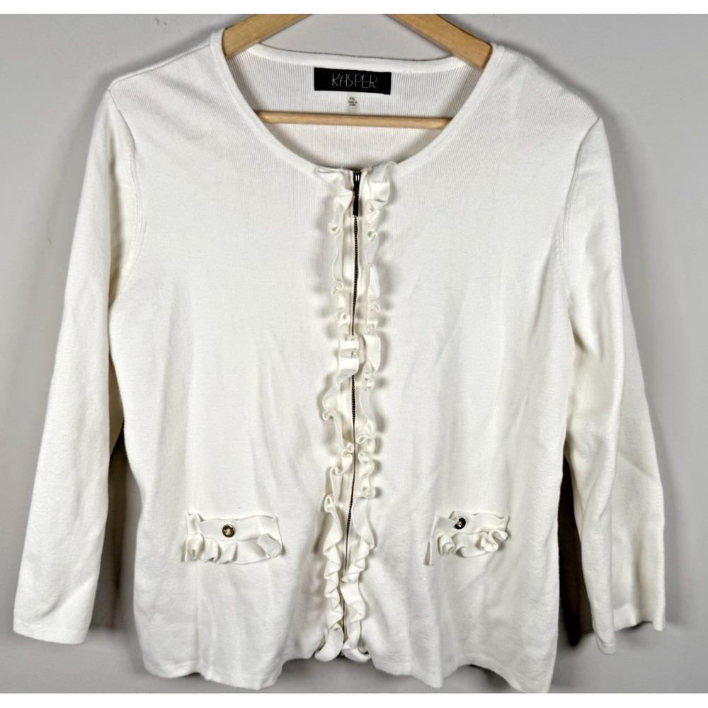 Kasper Women Cardigan Sweater Ruffle Trim Zip Ivory Petite XL Cottage Career NEW